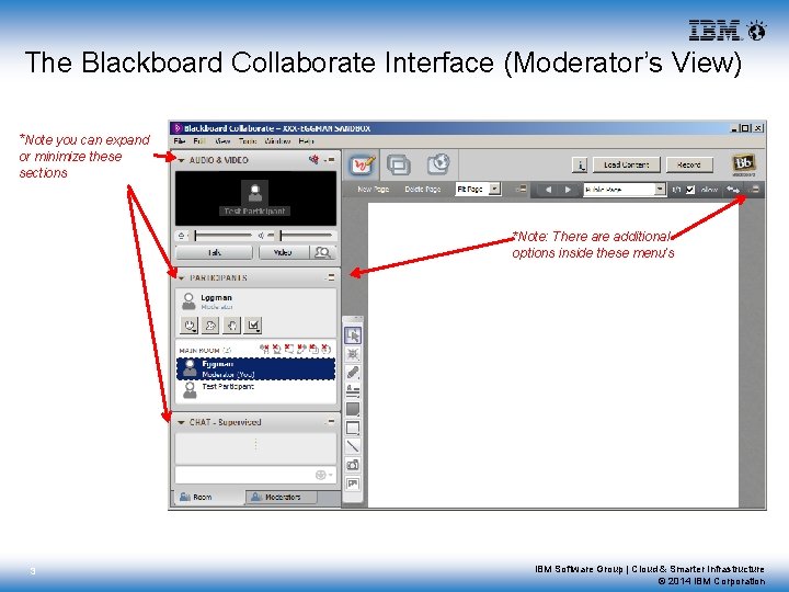 The Blackboard Collaborate Interface (Moderator’s View) *Note you can expand or minimize these sections