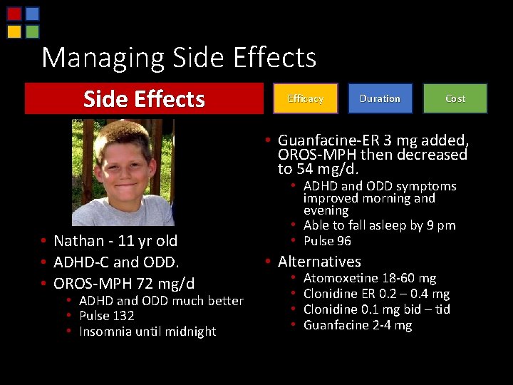 Managing Side Effects Efficacy Duration Cost • Guanfacine-ER 3 mg added, OROS-MPH then decreased