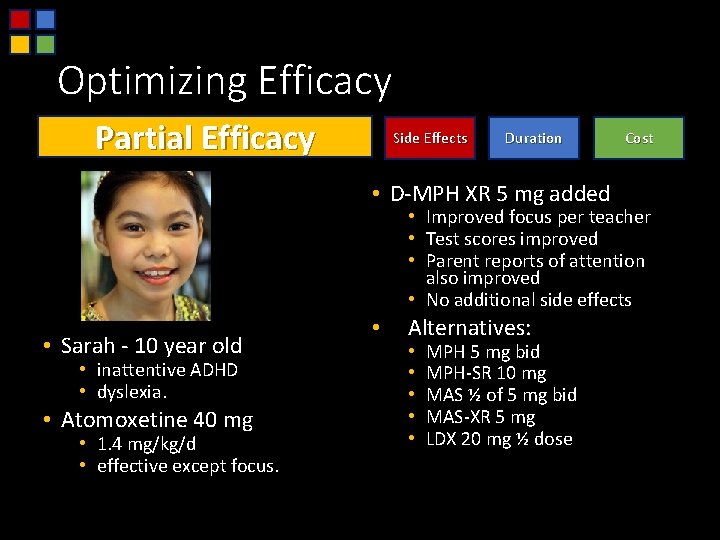 Optimizing Efficacy Partial Efficacy Side Effects Duration • D-MPH XR 5 mg added Cost