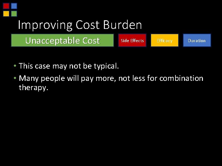 Improving Cost Burden Unacceptable Cost Side Effects Efficacy Duration • This case may not