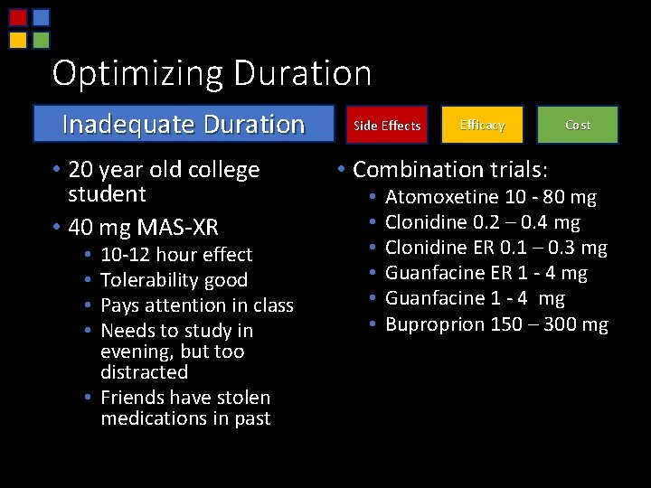 Optimizing Duration Inadequate Duration • 20 year old college student • 40 mg MAS-XR