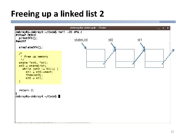 Freeing up a linked list 2 state. List st 0 st 1 12 