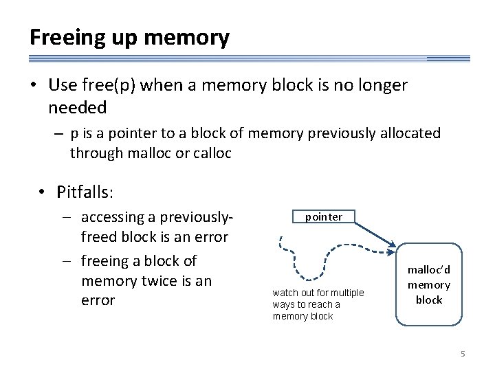 Freeing up memory • Use free(p) when a memory block is no longer needed