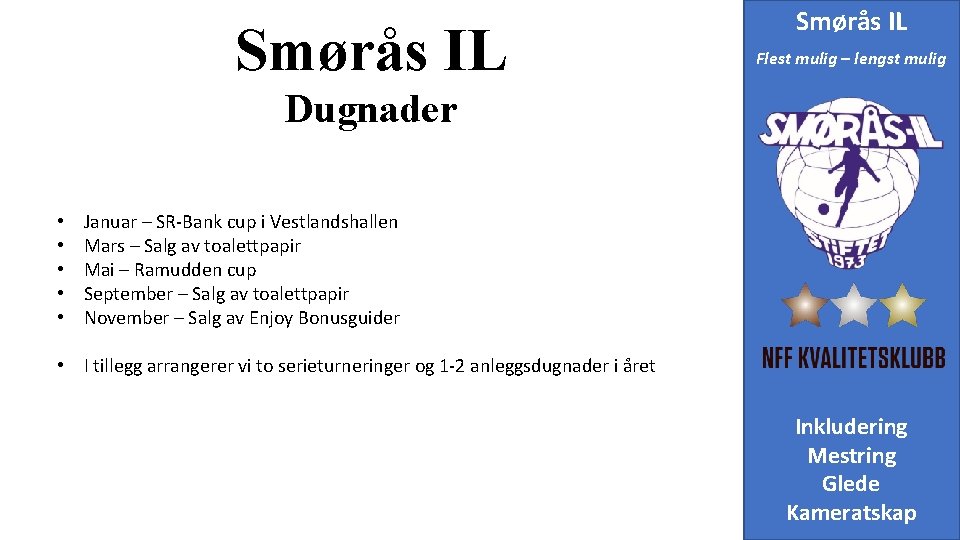 Smørås IL Flest mulig – lengst mulig Dugnader • • • Januar – SR-Bank