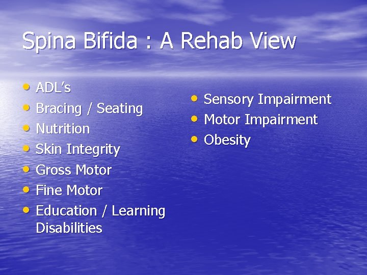 Spina Bifida : A Rehab View • ADL’s • Bracing / Seating • Nutrition