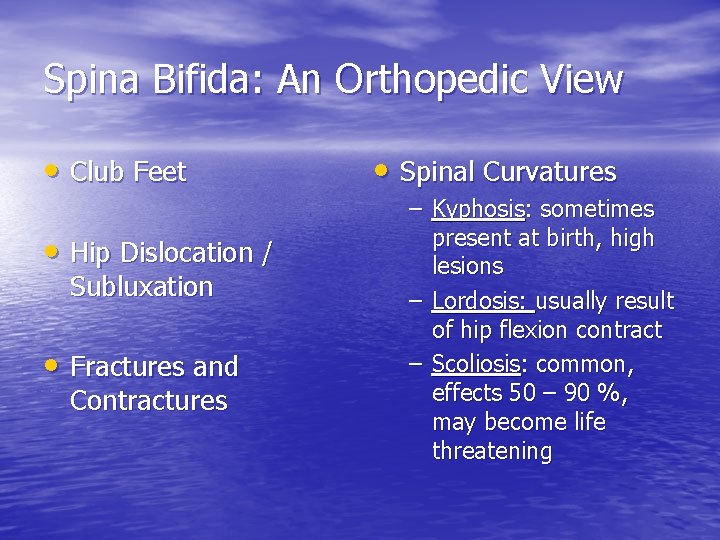 Spina Bifida: An Orthopedic View • Club Feet • Hip Dislocation / Subluxation •