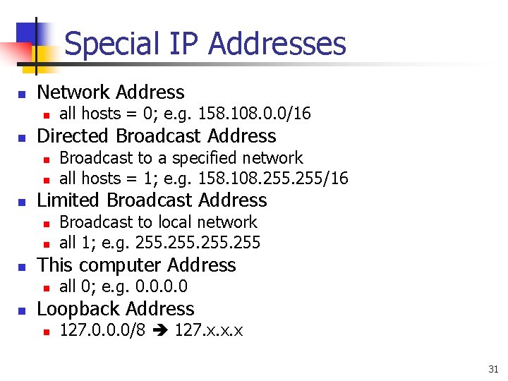 Special IP Addresses n Network Address n n Directed Broadcast Address n n Broadcast