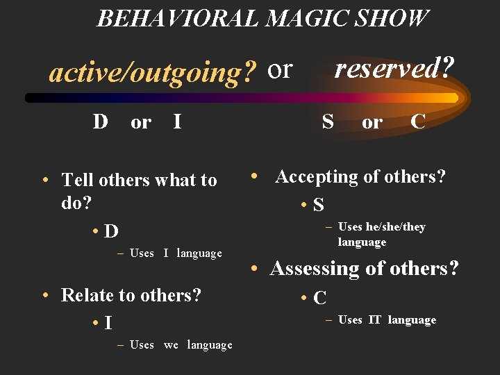BEHAVIORAL MAGIC SHOW active/outgoing? or D or I • Tell others what to do?