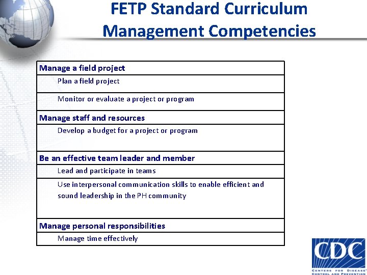 FETP Standard Curriculum Management Competencies Manage a field project Plan a field project Monitor