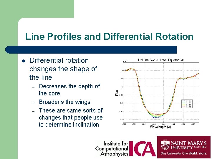 Line Profiles and Differential Rotation l Differential rotation changes the shape of the line