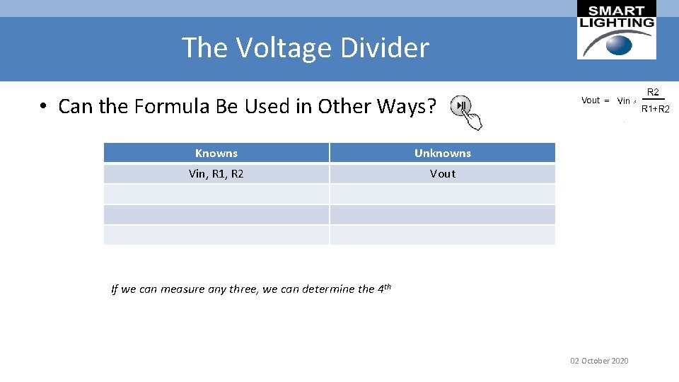 The Voltage Divider • Can the Formula Be Used in Other Ways? Knowns Unknowns