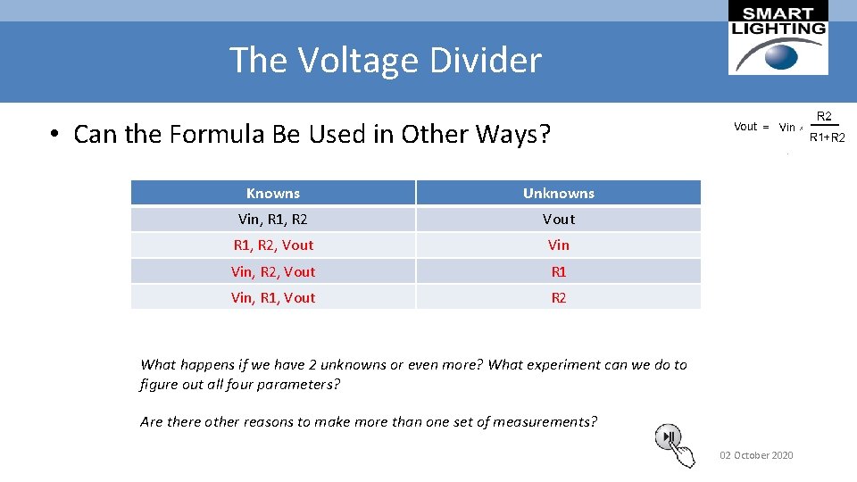 The Voltage Divider • Can the Formula Be Used in Other Ways? Knowns Unknowns