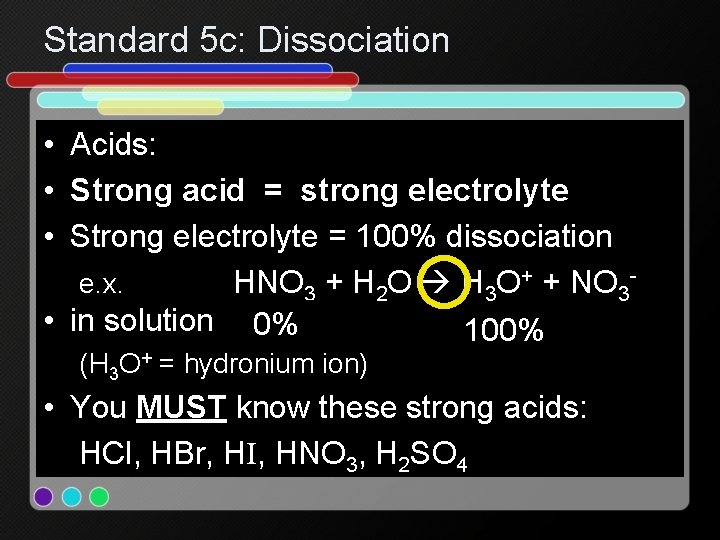 Standard 5 c: Dissociation • Acids: • Strong acid = strong electrolyte • Strong