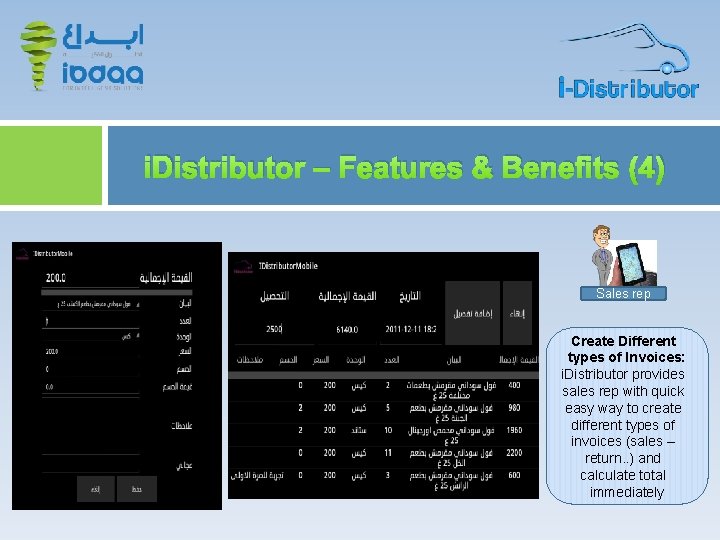 i. Distributor – Features & Benefits (4) Sales rep Create Different types of Invoices: