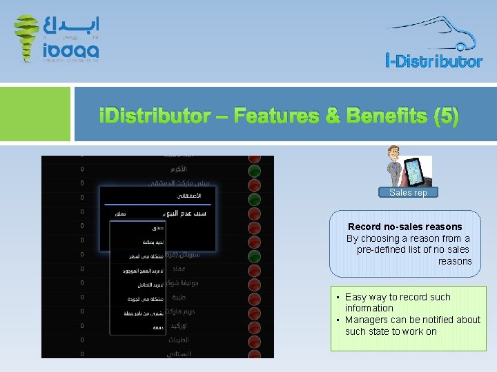 i. Distributor – Features & Benefits (5) Sales rep Record no-sales reasons By choosing