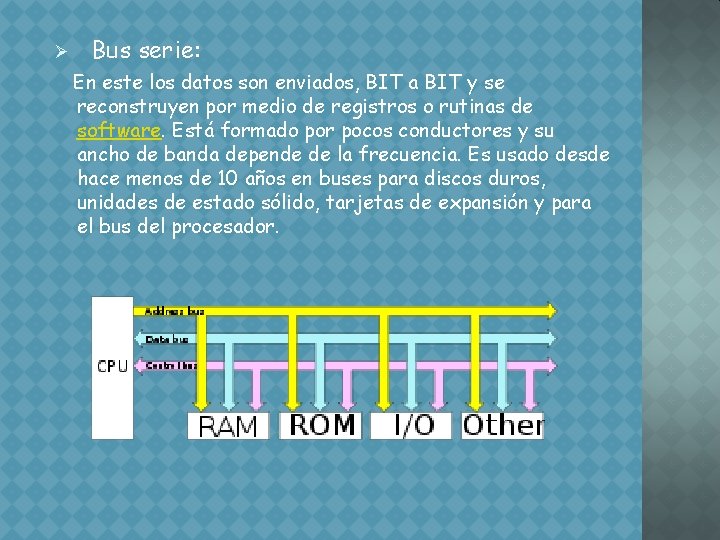 Ø Bus serie: En este los datos son enviados, BIT a BIT y se