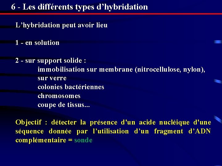 6 - Les différents types d’hybridation L’hybridation peut avoir lieu 1 - en solution 6 - Les différents types d’hybridation L’hybridation peut avoir lieu 1 - en solution