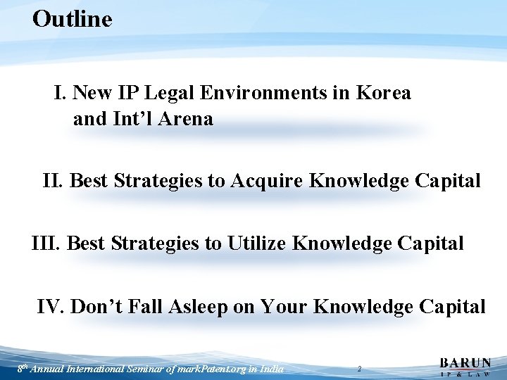 Outline I. New IP Legal Environments in Korea and Int’l Arena II. Best Strategies