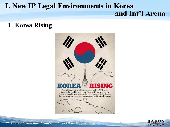 I. New IP Legal Environments in Korea and Int’l Arena 1. Korea Rising 8