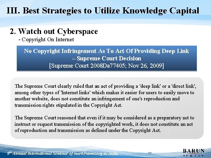 III. Best Strategies to Utilize Knowledge Capital 2. Watch out Cyberspace - Copyright On