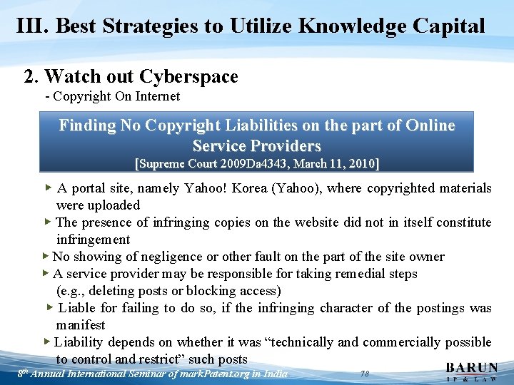 III. Best Strategies to Utilize Knowledge Capital 2. Watch out Cyberspace - Copyright On