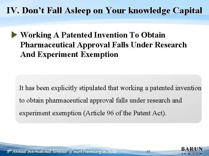 IV. Don’t Fall Asleep on Your knowledge Capital ▶ Working A Patented Invention To