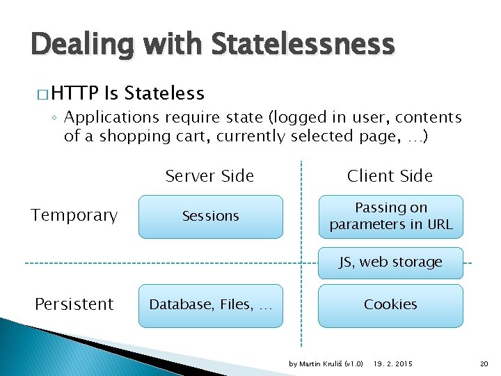 Dealing with Statelessness � HTTP Is Stateless ◦ Applications require state (logged in user,