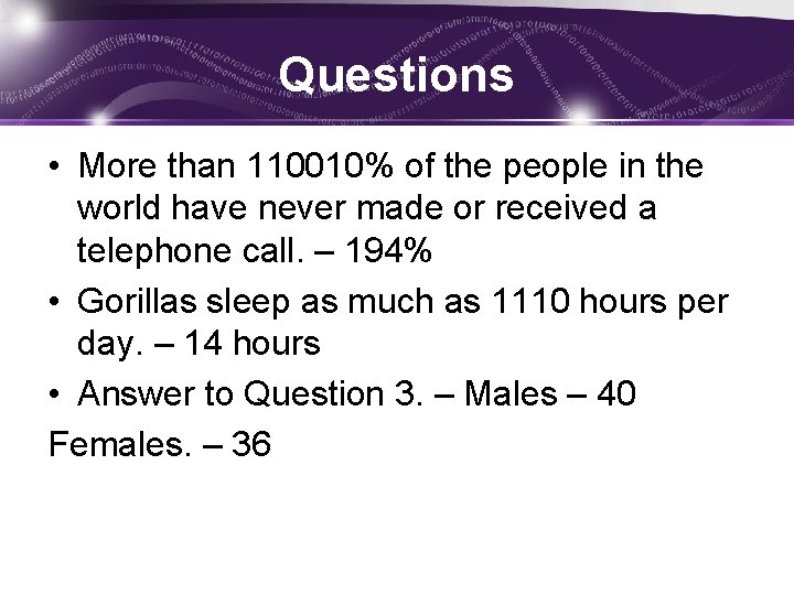 Questions • More than 110010% of the people in the world have never made