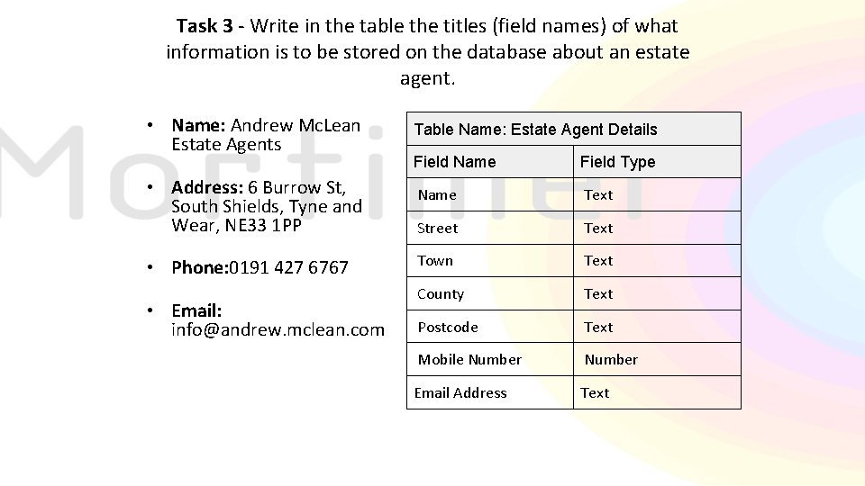 Task 3 - Write in the table the titles (field names) of what information