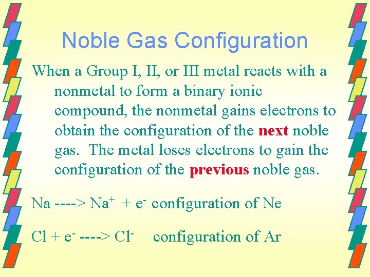 Noble Gas Configuration When a Group I, II, or III metal reacts with a