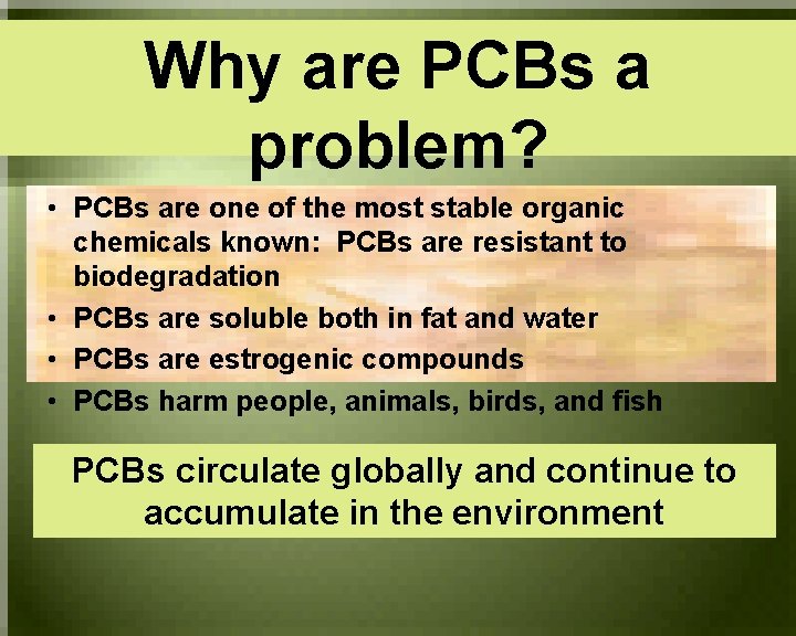 Why are PCBs a problem? • PCBs are one of the most stable organic