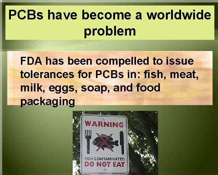 PCBs have become a worldwide problem FDA has been compelled to issue tolerances for