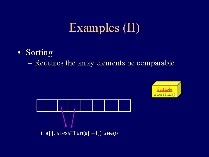 Examples (II) • Sorting – Requires the array elements be comparable Sortable is. Less.