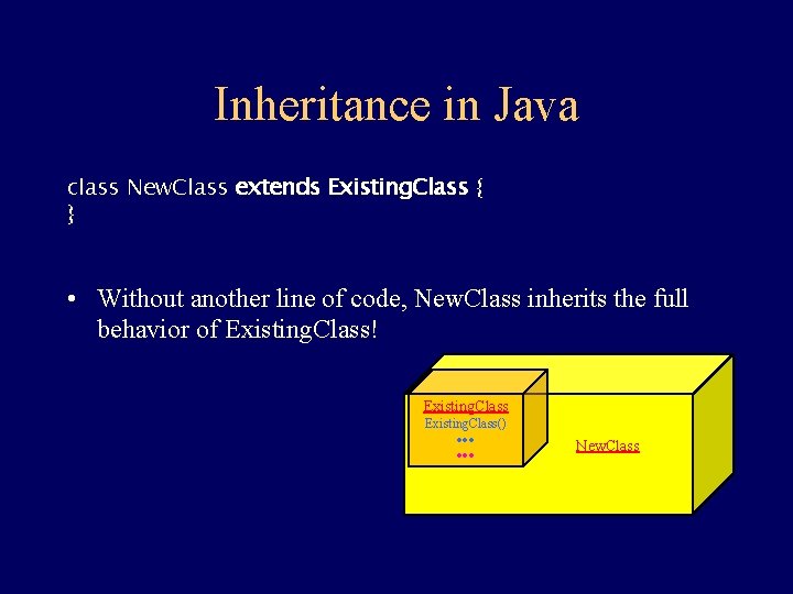 Inheritance in Java class New. Class extends Existing. Class { } • Without another