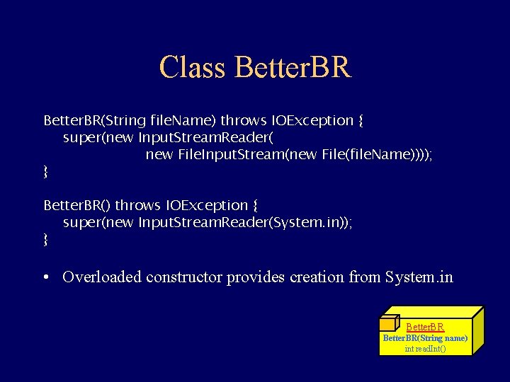 Class Better. BR(String file. Name) throws IOException { super(new Input. Stream. Reader( new File.