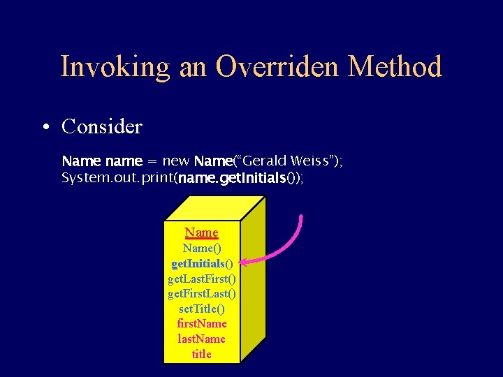 Invoking an Overriden Method • Consider Name name = new Name(“Gerald Weiss”); System. out.