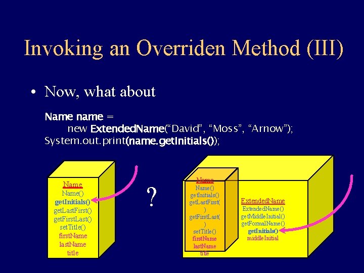 Invoking an Overriden Method (III) • Now, what about Name name = new Extended.