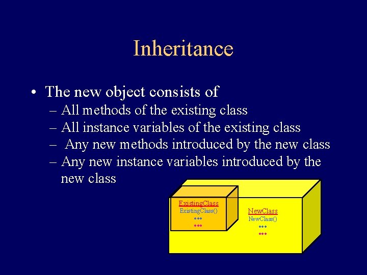 Inheritance • The new object consists of – All methods of the existing class