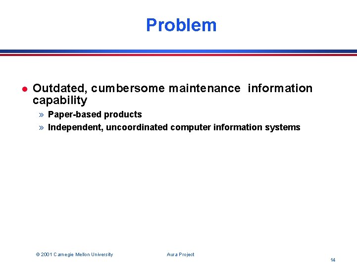 Problem l Outdated, cumbersome maintenance information capability » Paper-based products » Independent, uncoordinated computer