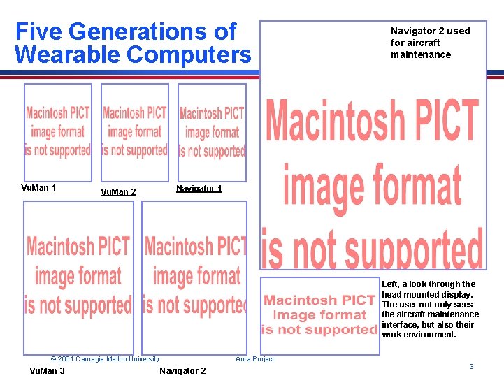 Five Generations of Wearable Computers Vu. Man 1 Vu. Man 2 Navigator 2 used