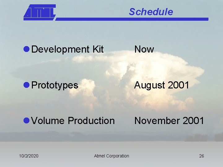 Schedule l Development Kit Now l Prototypes August 2001 l Volume Production November 2001