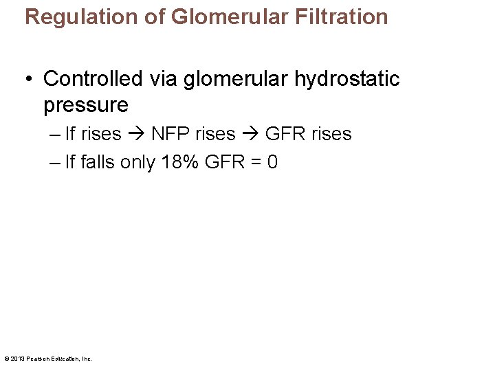 Regulation of Glomerular Filtration • Controlled via glomerular hydrostatic pressure – If rises NFP