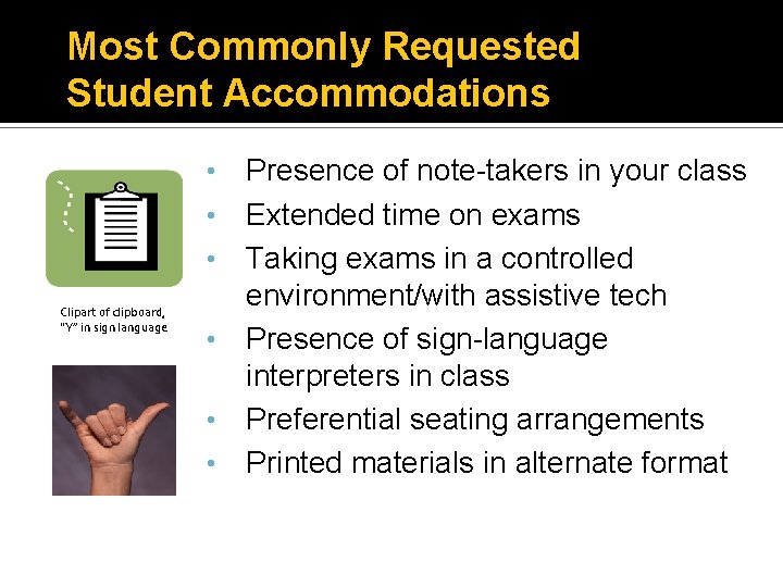 Most Commonly Requested Student Accommodations • • • Clipart of clipboard, “Y” in sign