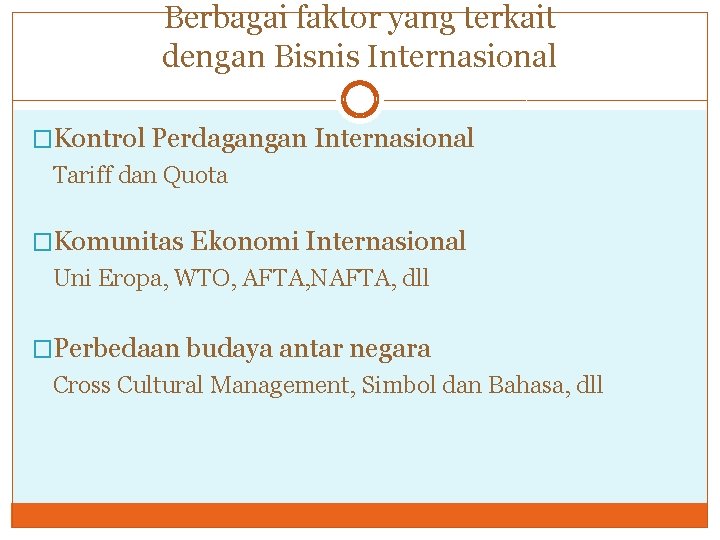 Berbagai faktor yang terkait dengan Bisnis Internasional �Kontrol Perdagangan Internasional Tariff dan Quota �Komunitas