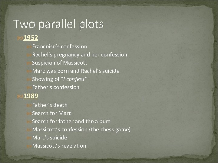 Two parallel plots 1952 Francoise’s confession Rachel’s pregnancy and her confession Suspicion of Massicott