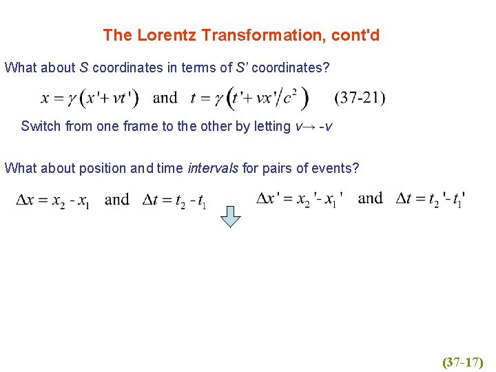 The Lorentz Transformation, cont'd What about S coordinates in terms of S' coordinates? Switch