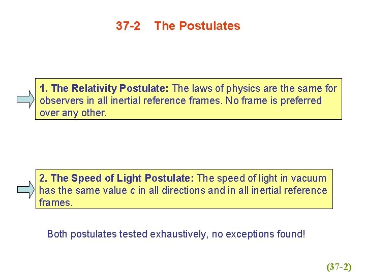 37 -2 The Postulates 1. The Relativity Postulate: The laws of physics are the