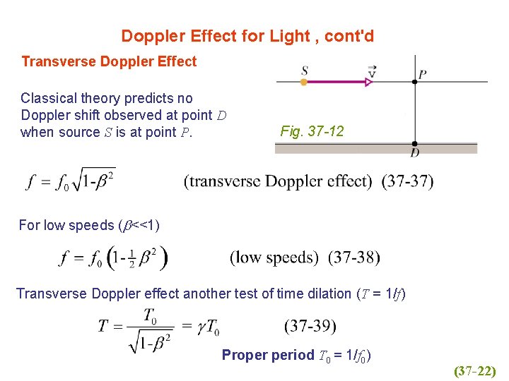 Doppler Effect for Light , cont'd Transverse Doppler Effect Classical theory predicts no Doppler