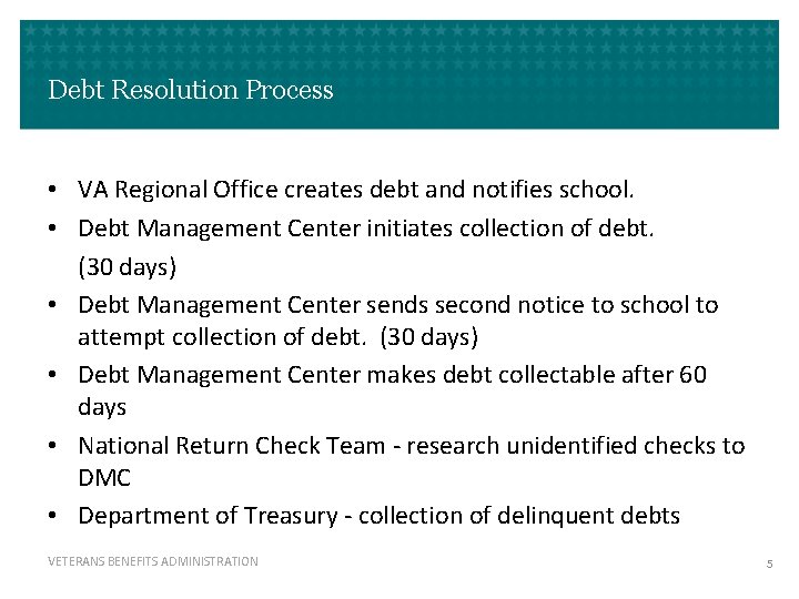 Debt Resolution Process • VA Regional Office creates debt and notifies school. • Debt