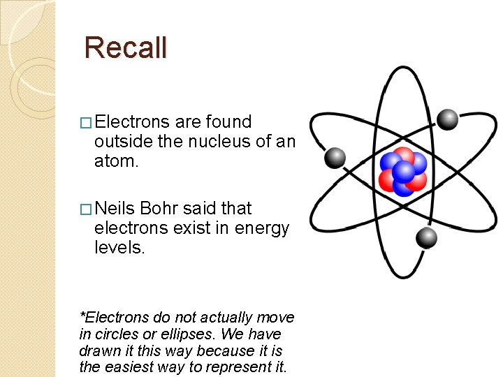 Recall � Electrons are found outside the nucleus of an atom. � Neils Bohr